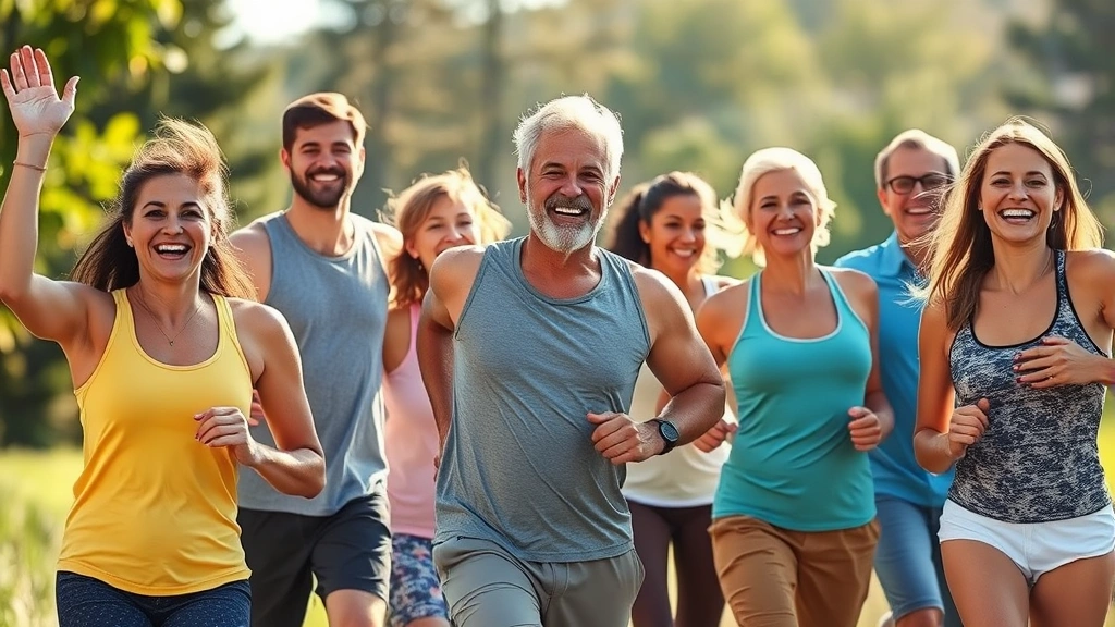 Diverse group of people showing health progress, energy, and wellness through active lifestyle, outdoors in natural environment, morning sunlight, genuine happiness expressions, no text visible