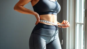 Serene woman measuring her waist with a measuring tape, standing in bright natural light near a window, wearing comfortable athletic wear, showing confidence and progress, photorealistic wellness photography