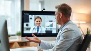 Professional healthcare provider in white coat conducting virtual consultation on computer screen, warm lighting, empathetic expression, modern office setting, photorealistic