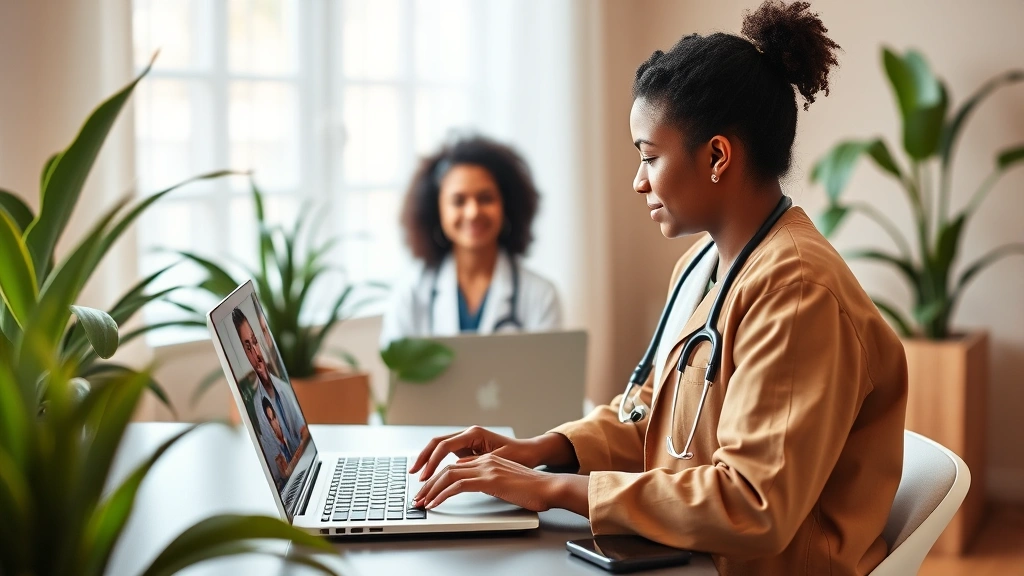 Diverse healthcare provider conducting virtual video consultation on laptop, warm professional setting with plants, representing telehealth accessibility and remote medical care, photorealistic clinical environment