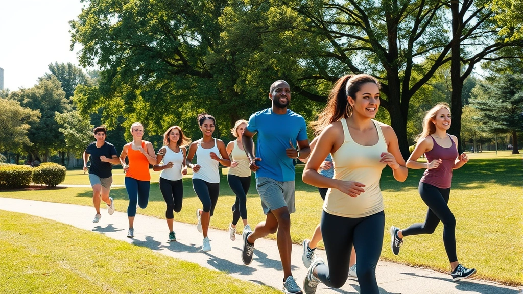 Diverse group of people exercising together outdoors in park, jogging and stretching, sunny day, healthy energy, inclusive representation, photorealistic wellness scene
