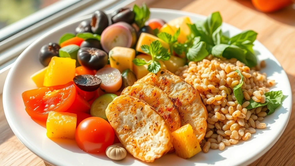 Fresh Mediterranean-style meal with colorful vegetables, lean protein, and whole grains on white plate, natural sunlight, appetizing presentation, healthy eating concept
