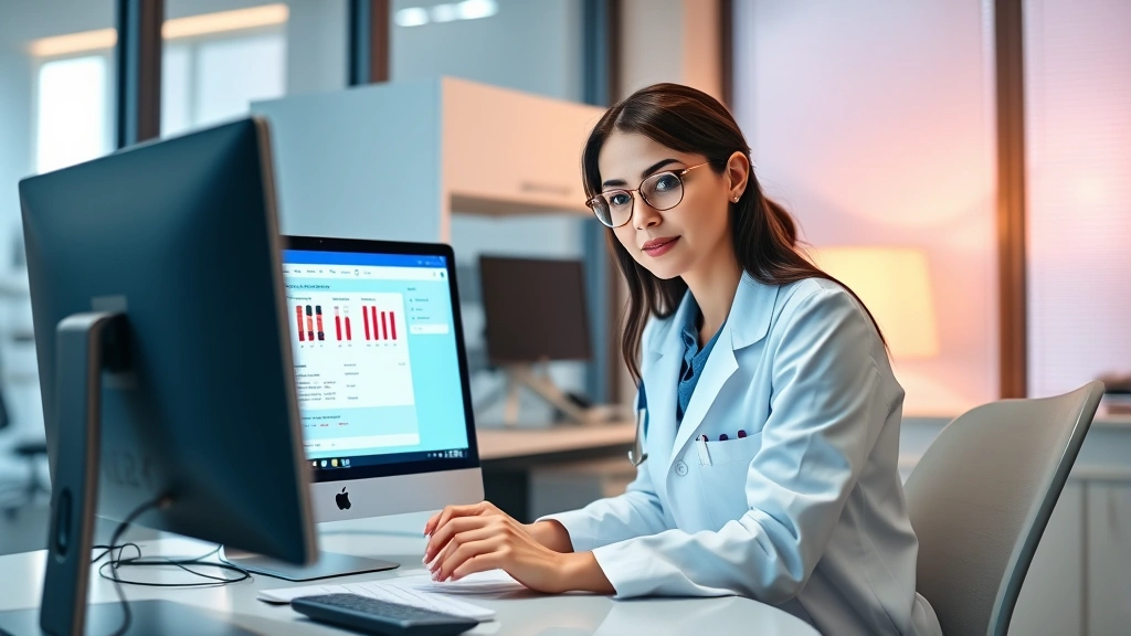 Professional female endocrinologist in white coat reviewing blood test results at modern medical office desk with computer monitor, warm professional lighting, confident expression