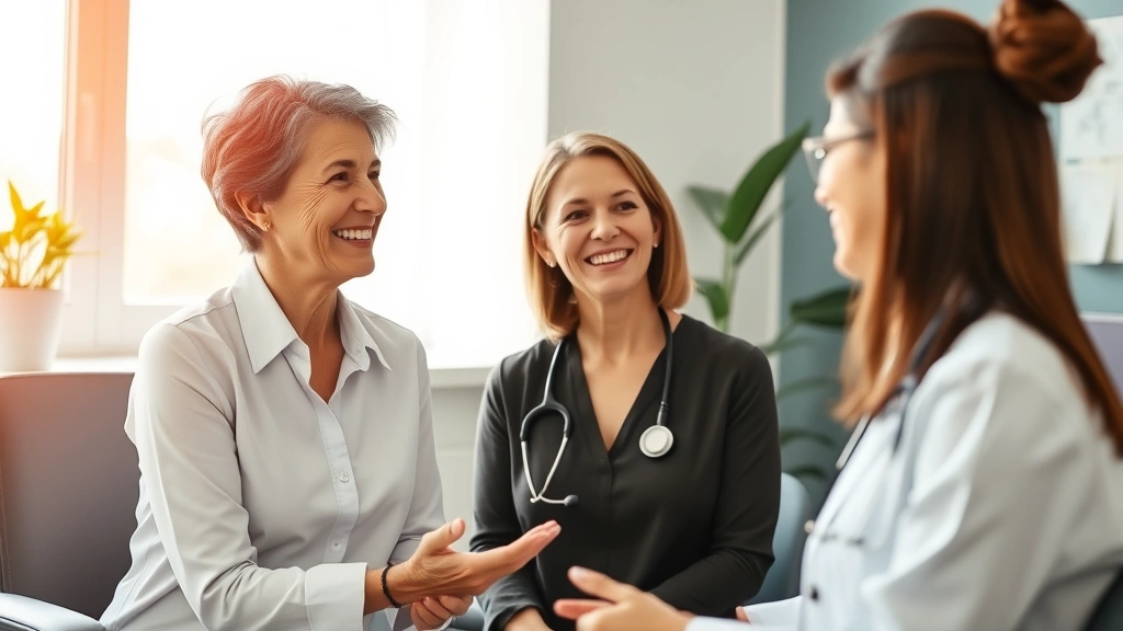 Professional woman in her 50s at a medical consultation with a female healthcare provider, discussing health and wellness in a modern clinical office, warm natural lighting, both smiling and engaged in conversation