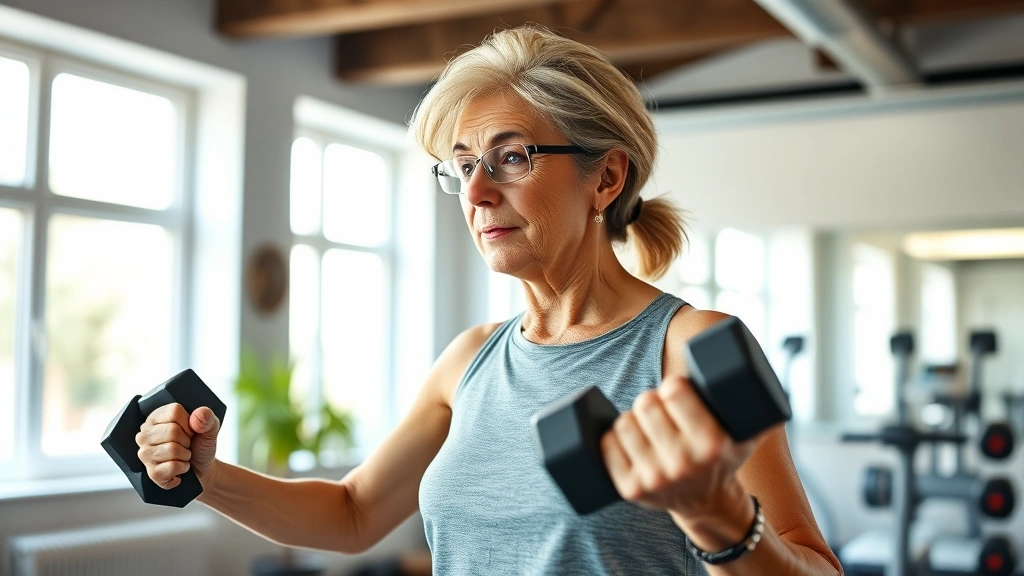 Woman in her 50s exercising in bright home gym, performing strength training with dumbbells, energetic and healthy appearance, natural window lighting, modern fitness setting