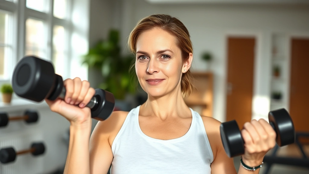 Active middle-aged woman doing strength training with dumbbells in a bright home gym, focused expression, natural daylight from windows, clean modern fitness space