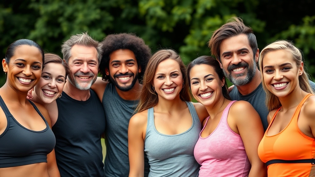 Close-up of diverse group of healthy adults showing positive body confidence, wearing comfortable fitness clothing, outdoor natural setting with green background, genuine smiles