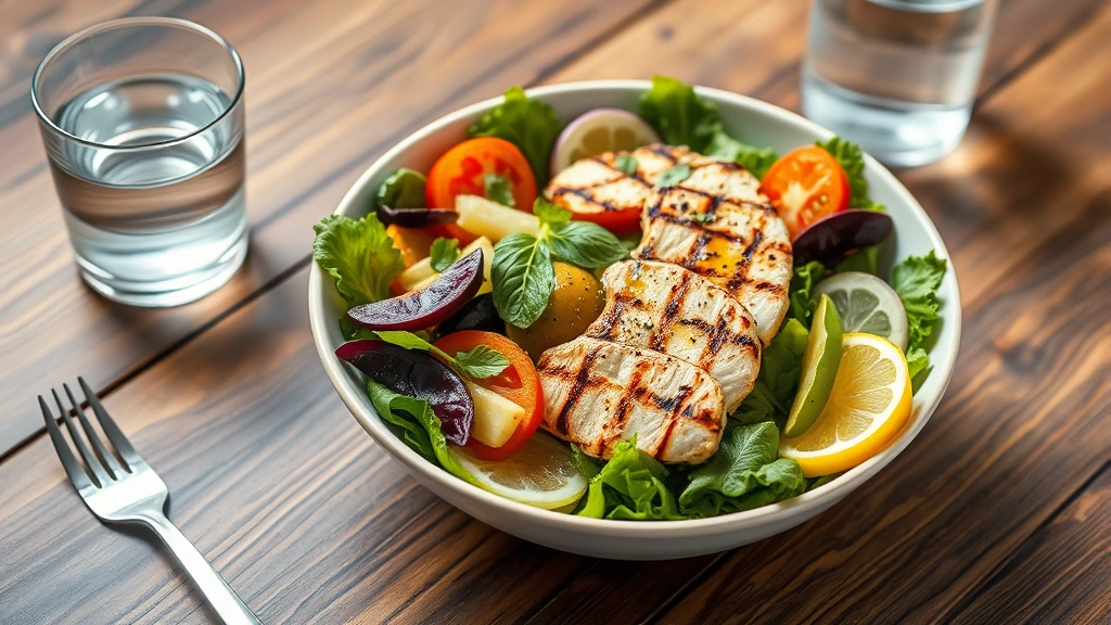 Healthy salad bowl with colorful vegetables, grilled chicken, and olive oil dressing on a wooden table with a glass of water nearby