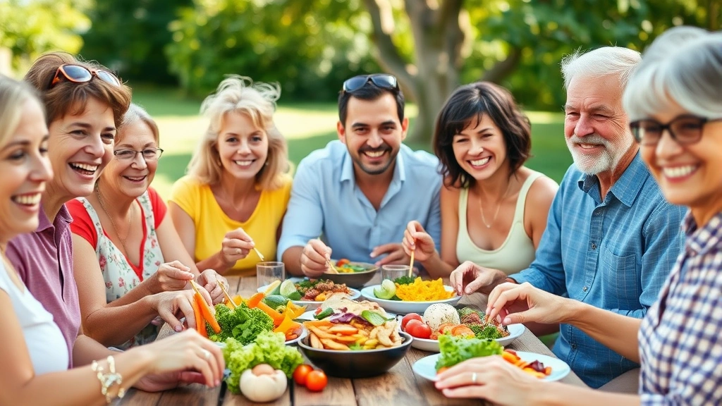 Diverse group of healthy adults of various ages enjoying a colorful balanced meal together outdoors, fresh vegetables and proteins visible, natural sunlight, genuine smiles and connection
