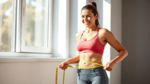 A woman measuring her waist with a tape measure, smiling with confidence, standing in natural sunlight near a window wearing comfortable workout clothes, photorealistic wellness setting