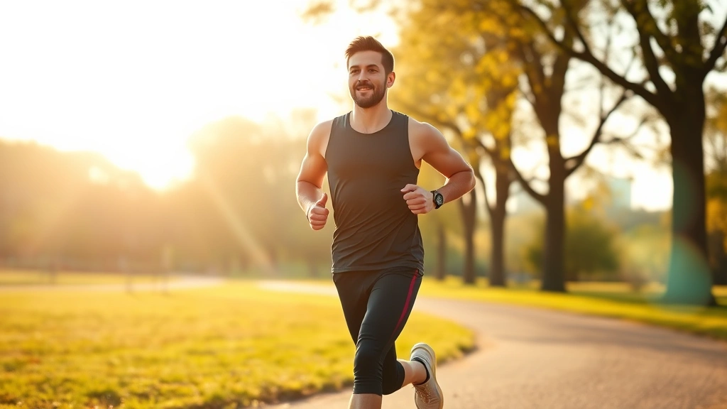 A fit person jogging outdoors on a sunny morning through a park, looking energetic and healthy, trees and natural landscape in background, photorealistic athletic lifestyle
