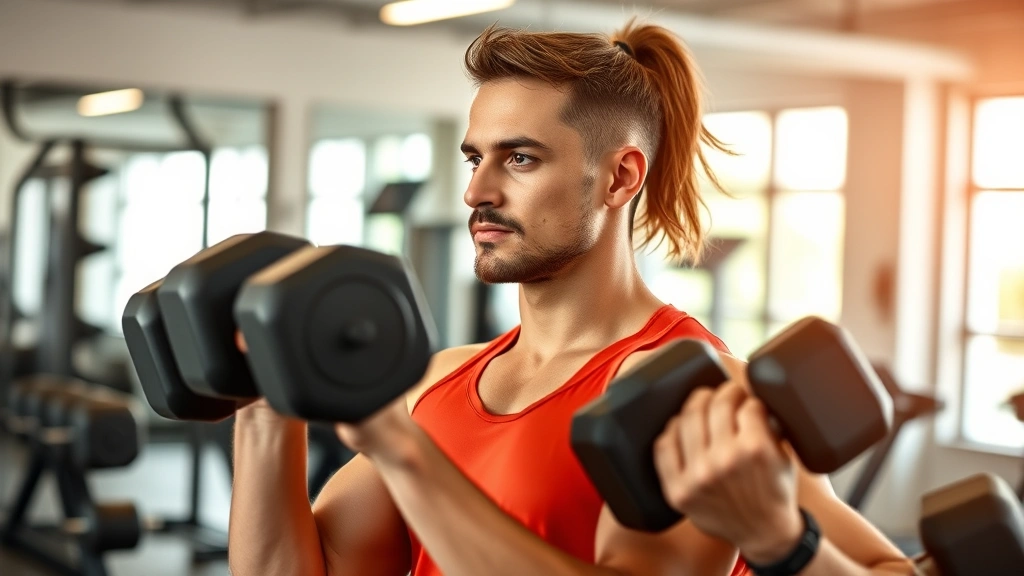 Person doing strength training with dumbbells in modern gym, focused expression, athletic wear, proper form visible, energetic atmosphere, natural gym lighting