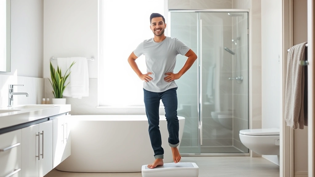 A person stepping off a scale with a satisfied expression, hands on hips in a confident pose, bright modern bathroom setting, natural lighting, photorealistic health achievement moment