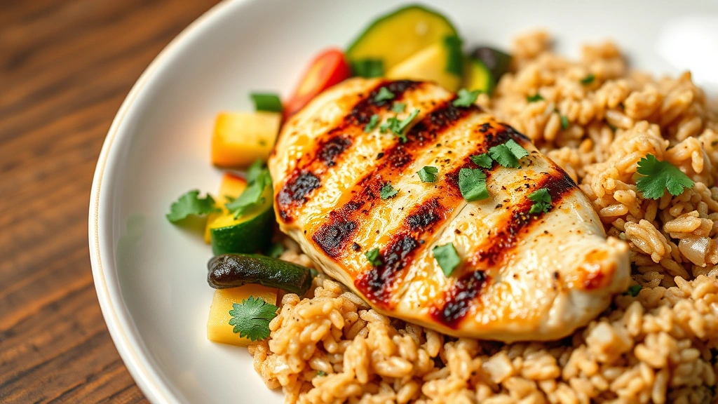 Close-up of healthy meal plate with grilled chicken, colorful vegetables, brown rice, fresh herbs, professional food styling, appetizing presentation, wooden table background