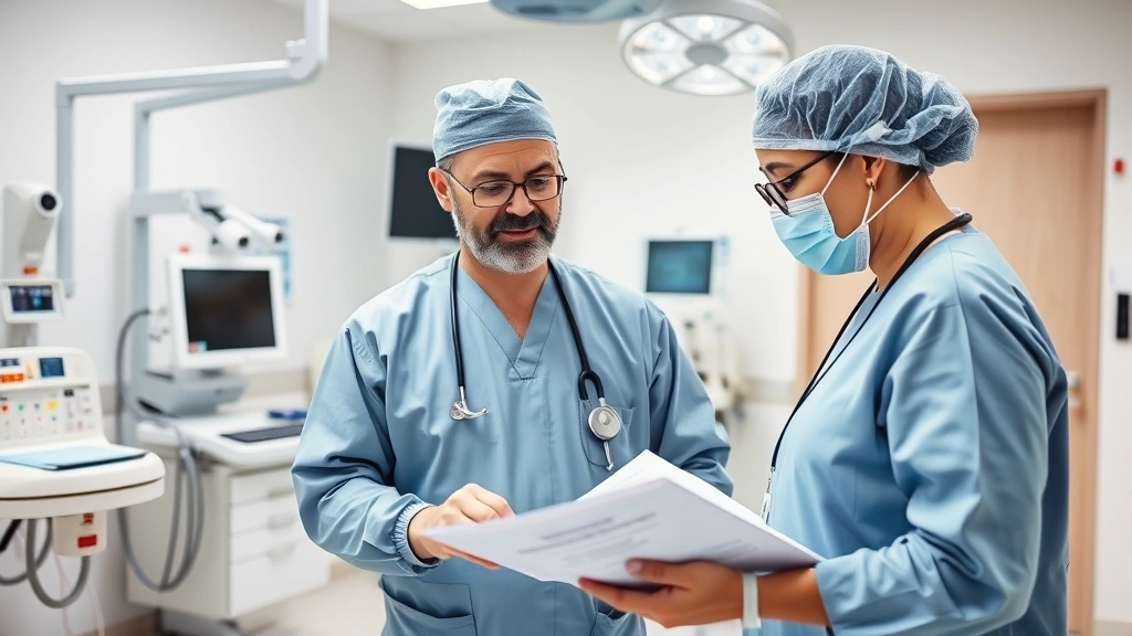 Professional bariatric surgeon in surgical attire examining patient's medical charts in sterile clinic environment with modern medical equipment visible