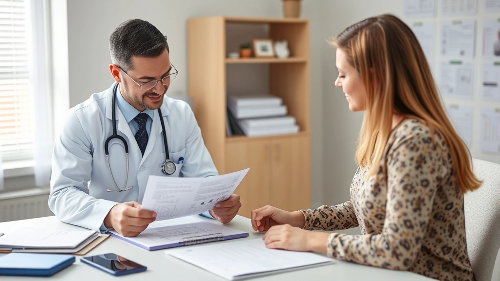 Medical professional reviewing surgical consultation paperwork and health records with patient in clinical setting, both reviewing documents at desk