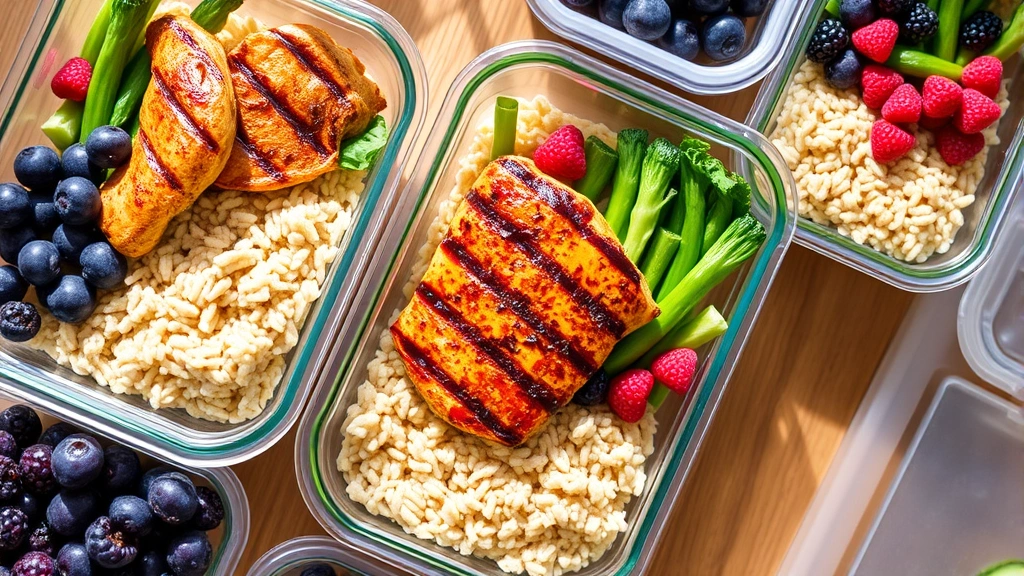 Healthy meal prep containers with grilled chicken, vegetables, brown rice, and berries arranged on wooden table, bright natural light, fresh ingredients visible