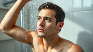 Person taking a cold shower in a modern bathroom, water droplets visible, focused expression, natural lighting, wellness aesthetic, no text or numbers visible