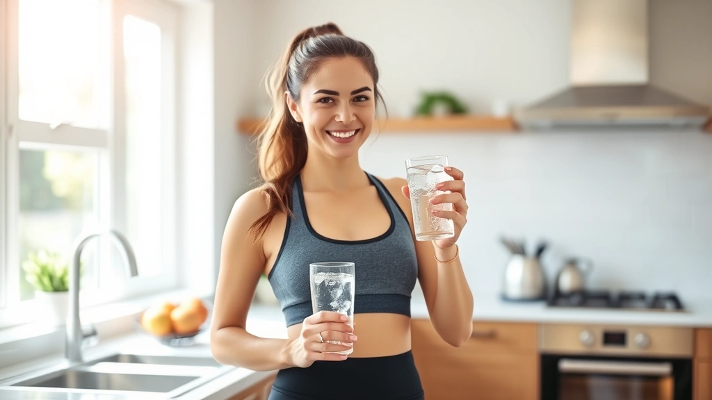 Woman in athletic wear holding a glass of ice water in a bright, modern kitchen, smiling confidently, natural sunlight streaming through windows, healthy lifestyle setting