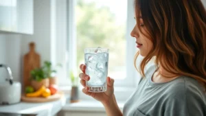 Woman holding glass of ice water in bright modern kitchen, healthy lifestyle, natural lighting, fresh and clean aesthetic, no text