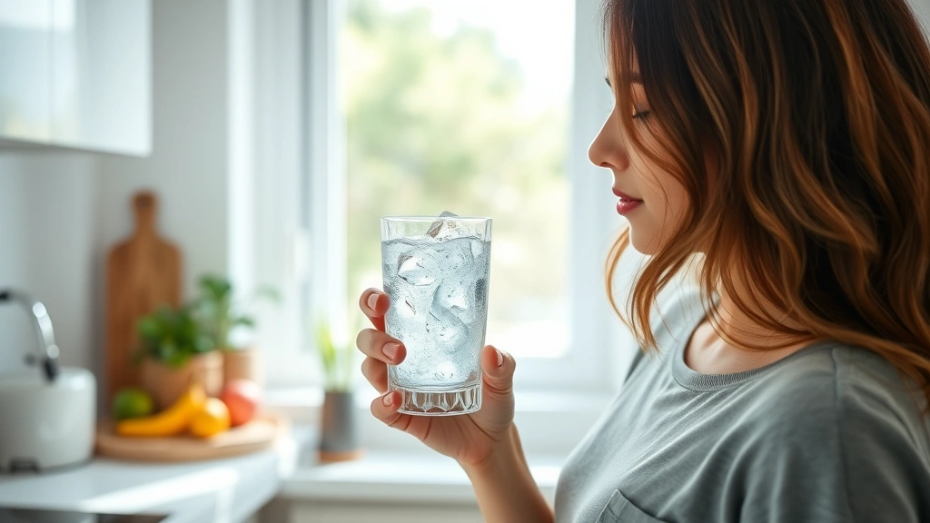 Woman holding glass of ice water in bright modern kitchen, healthy lifestyle, natural lighting, fresh and clean aesthetic, no text