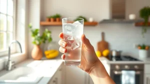 Person holding a cold glass of ice water in bright, modern kitchen with morning sunlight, fresh and healthy atmosphere, realistic photography