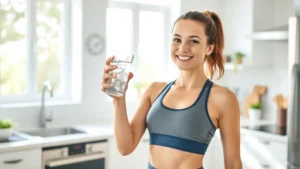 Woman in athletic wear holding a glass of ice water in a bright, modern kitchen with natural light streaming through windows, smiling with healthy vitality