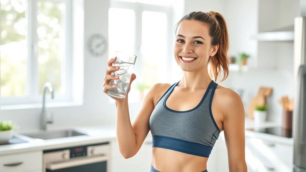 Woman in athletic wear holding a glass of ice water in a bright, modern kitchen with natural light streaming through windows, smiling with healthy vitality