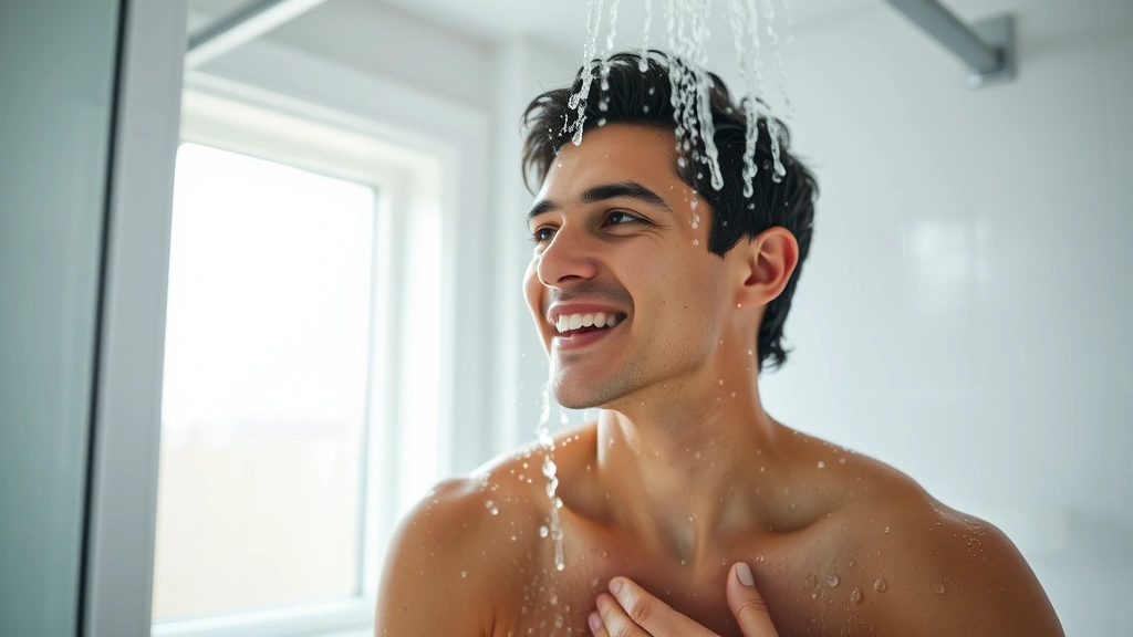 Person taking a cold shower in a bright, modern bathroom with water droplets visible, appearing refreshed and energized, natural lighting through window
