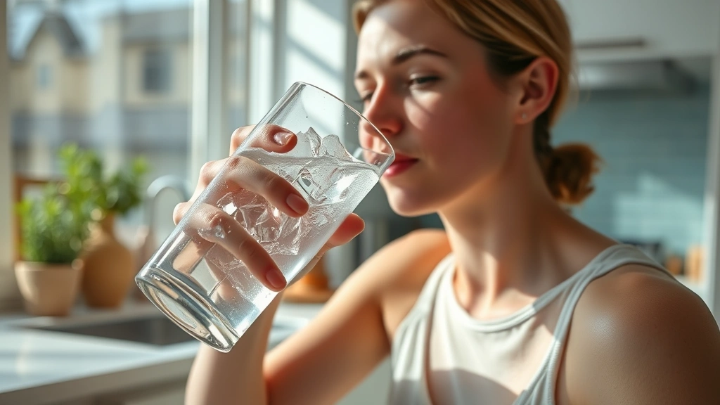 A person drinking ice-cold water from a glass in a bright, modern kitchen, showing refreshment and hydration focus, natural lighting