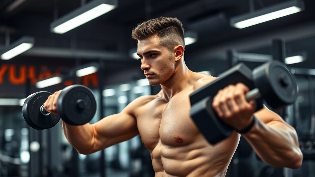 Person doing strength training with dumbbells in a gym, focused and engaged, proper form demonstrated, muscular definition visible, motivational fitness environment