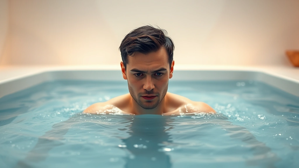 Person emerging from a cold plunge pool with water droplets, showing determination and wellness focus in a spa-like setting with minimalist aesthetic