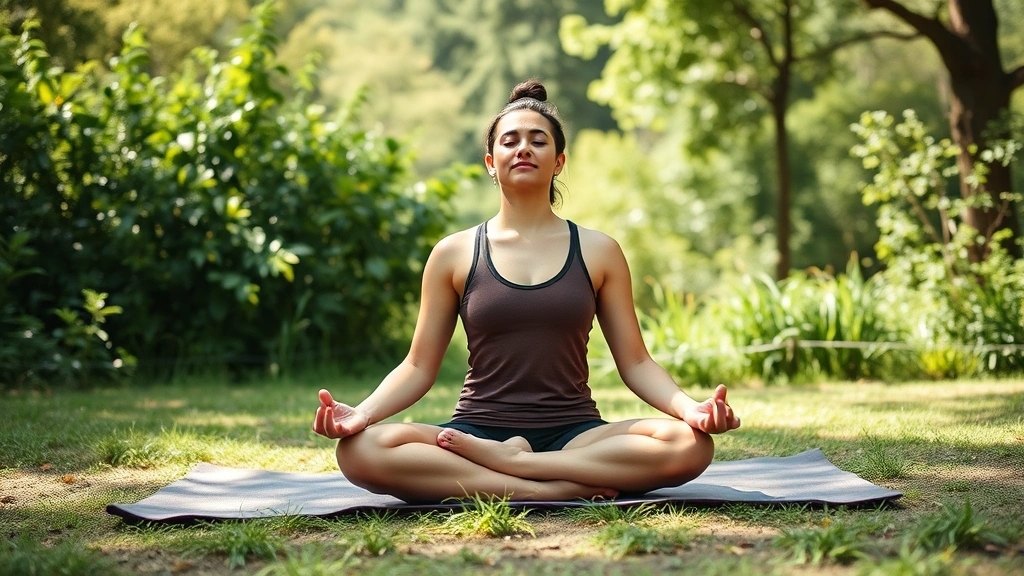 Peaceful individual meditating outdoors on a yoga mat in nature, serene expression, surrounded by greenery, representing stress management and wellness holistically
