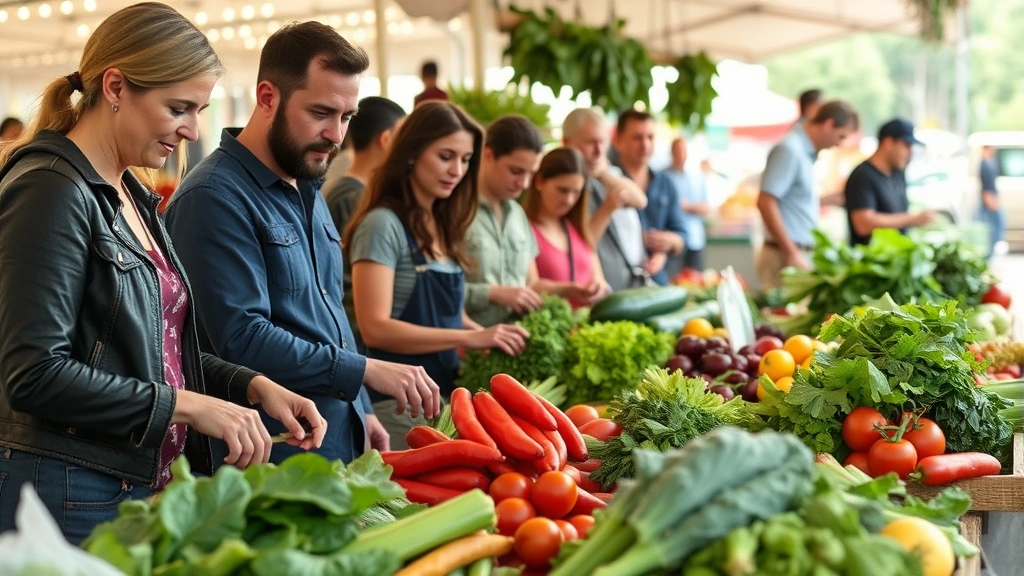 Diverse group of people at farmers market selecting fresh vegetables and whole foods, vibrant produce, healthy eating choices, community wellness scene