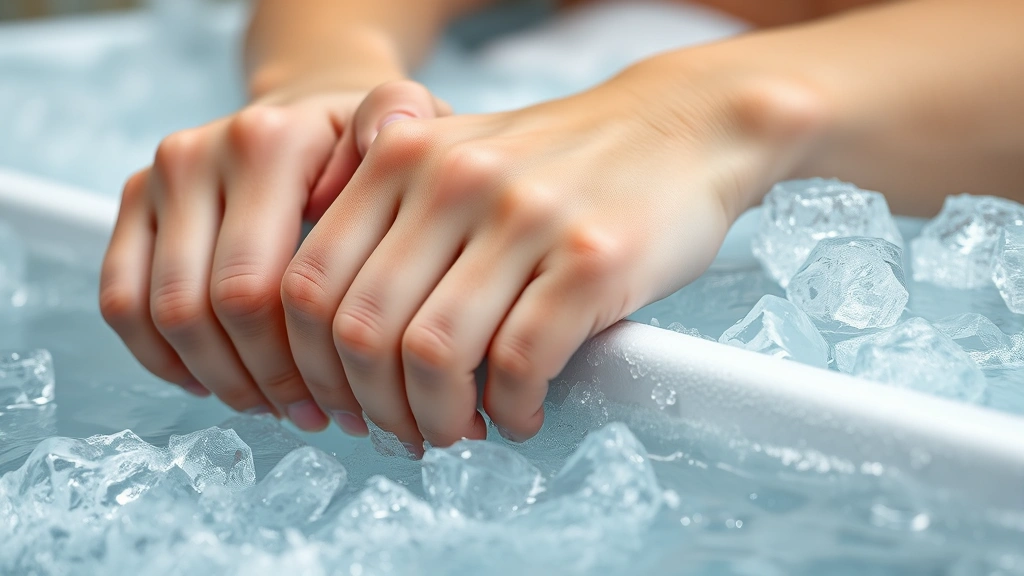 Close-up of someone's hands gripping the edge of an ice bath, water splashing, showing commitment to wellness routine, professional spa environment