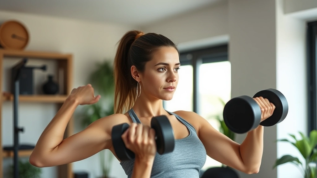 Woman doing strength training with dumbbells in home gym, focused expression, natural lighting, healthy and active lifestyle representation