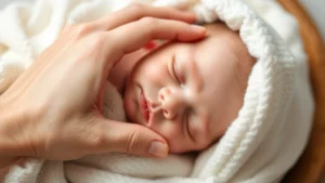 Close-up of a gentle hand supporting a peacefully sleeping newborn infant wrapped in soft white blankets, showing tender care and bonding moment