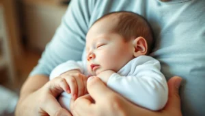 Peaceful newborn baby sleeping in parent's arms, soft warm lighting, gentle hand touching infant's back, cozy home setting, healthy and content expression
