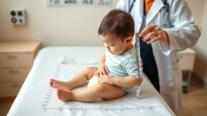 Pediatrician measuring infant length on examination table with growth chart visible, warm clinical setting, healthcare professional wearing white coat, baby appearing calm and healthy