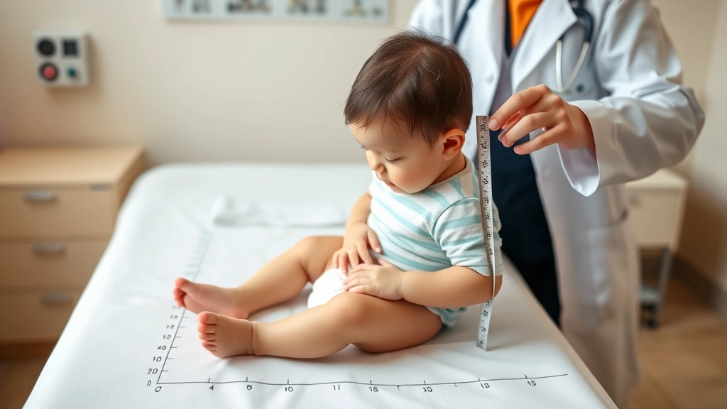 Pediatrician measuring infant length on examination table with growth chart visible, warm clinical setting, healthcare professional wearing white coat, baby appearing calm and healthy