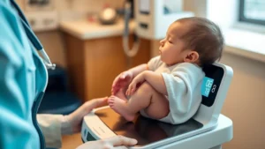 Pediatrician measuring newborn baby weight on digital scale in clinical setting, warm lighting, supportive healthcare environment, close-up of infant during wellness check