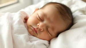 Peaceful newborn sleeping peacefully in soft white bedding, calm and healthy appearance, natural lighting from window, close-up of infant's face showing contentment and wellness