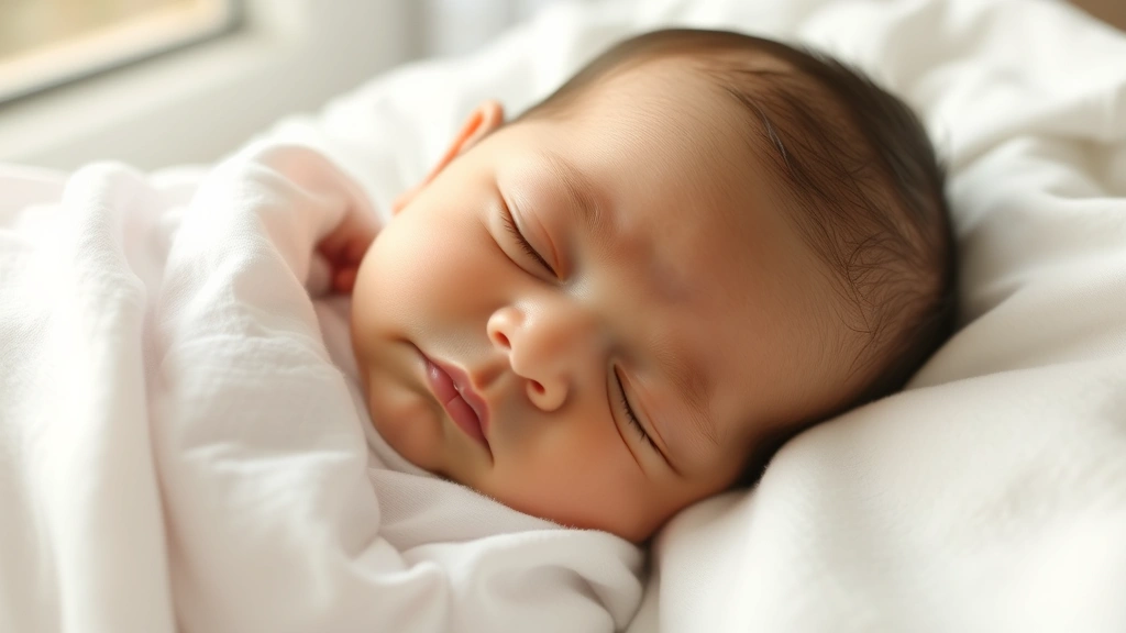 Peaceful newborn sleeping peacefully in soft white bedding, calm and healthy appearance, natural lighting from window, close-up of infant's face showing contentment and wellness