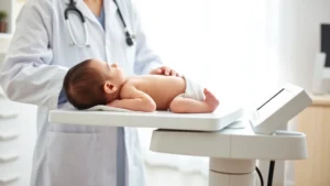 Pediatrician in white coat gently weighing newborn on digital medical scale in bright clinical office, baby on back looking peaceful, soft natural lighting