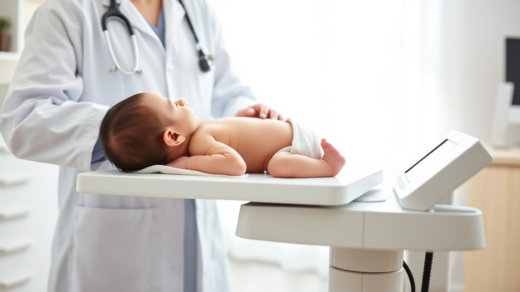Pediatrician in white coat gently weighing newborn on digital medical scale in bright clinical office, baby on back looking peaceful, soft natural lighting
