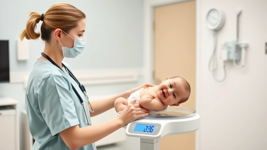 Healthcare professional using a calibrated digital infant scale to weigh a smiling baby in a bright, clean pediatric clinic setting