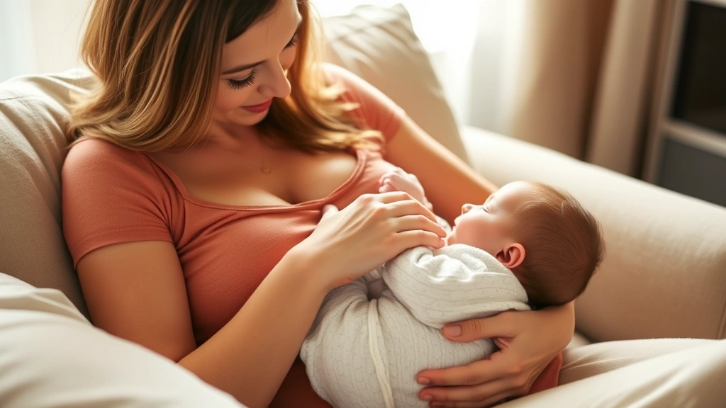 Mother breastfeeding newborn in comfortable position, warm lighting, peaceful bonding moment, showing proper feeding technique and infant latching