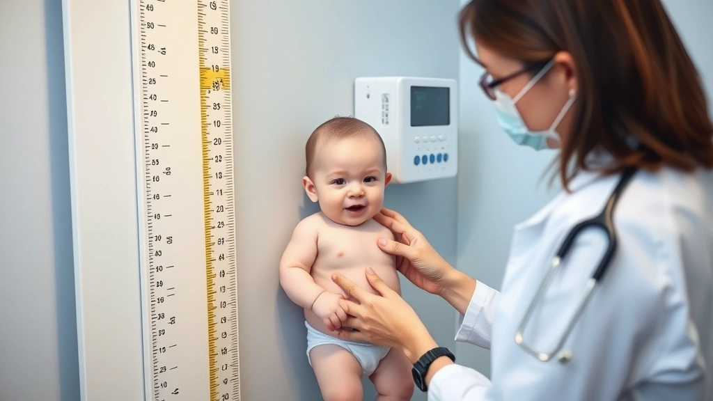 Pediatrician carefully measuring infant length on standardized measuring board during wellness checkup, professional medical setting, warm interaction between doctor and baby, growth monitoring in progress