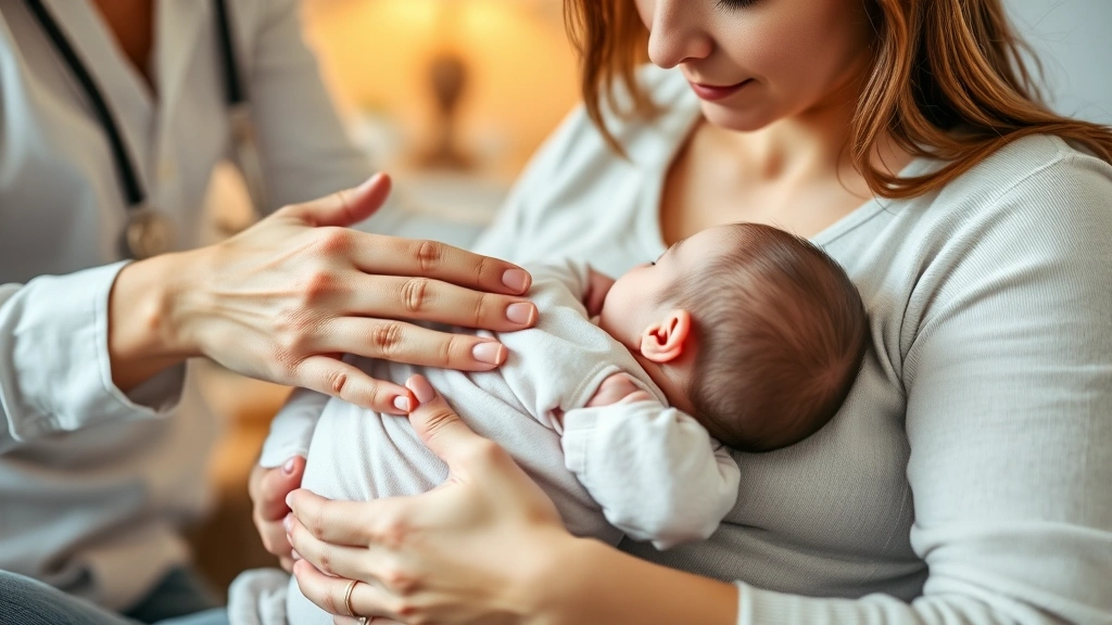 Close-up of lactation consultant hands guiding mother's position while breastfeeding newborn, both looking calm and comfortable, warm home lighting