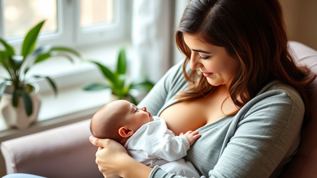 Mother breastfeeding newborn in comfortable home setting, peaceful expression, natural lighting from window, intimate bonding moment showing healthy feeding practice